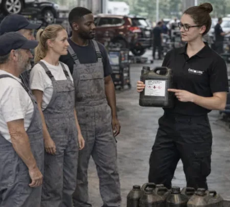 Unterweisung zum Thema Gefahrstoff - Etikett in einer Autowerkstatt