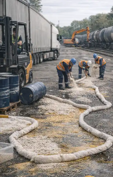 Eine Havarie beim verladen von Gefahrgut wird mit Bindemittel eingedämmt