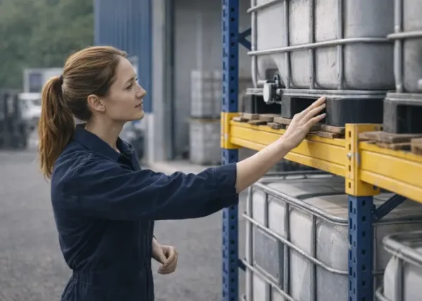 Die Inspektorin prüft ein Regal mit IBCs bei einem Industriebetrieb