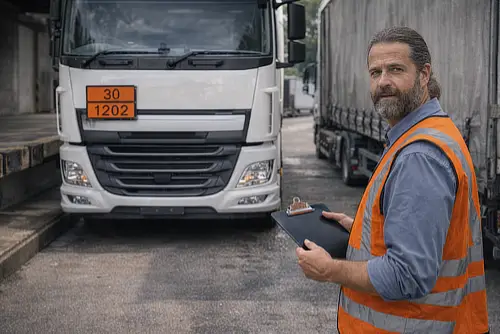Orange Warntafel an einem LKW der Gefahrgut befördert