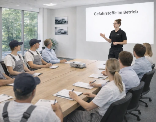 Mitarbeiter sitzen in einem hellen Schulungsraum an Tischen und folgen einer Präsentation auf einer Leinwand zum Thema Arbeitssicherheit und Gefahrstoffmanagement