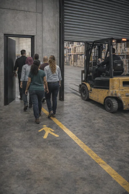 Getrennte Wege für Fußgänger und Gabelstapler in einer Lagerhalle