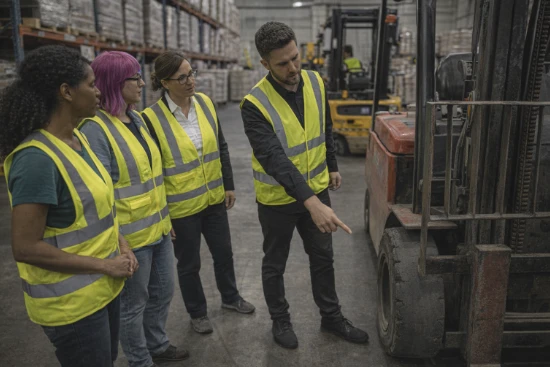 Bei der Prüfung eines Gabelstaplers fallen die abgefahrenen Reifen auf