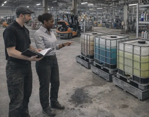 Verschiedene Flüssigkeiten in IBC in einer Lagerhalle werden vom Prüfer untersucht