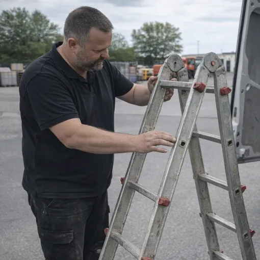 Die Sprossen der Leiter werden vom Prüfer untersucht
