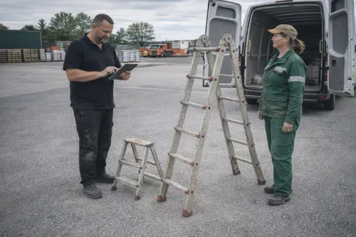 Eine Leiter und ein Tritt werden geprüft