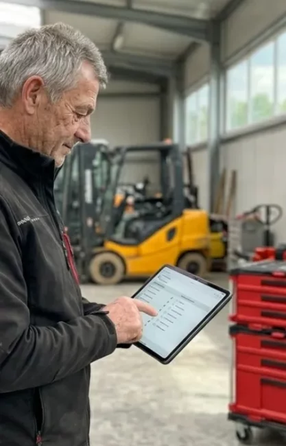 Ein Prüfer füllt ein Digitales Prüfprotokoll nach einer durchgeführten DGUV Prüfung aus