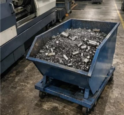 Container in einem Industriebtrieb voller Metallspähne